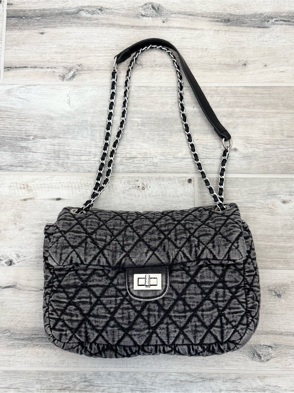 Denim Grey Quilted Medium Crossbody Chain Shoulder Bag